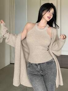 DAZY 2 件套女士纯色吊带背心开衫套装，秋季 - 杏色 - 查看 4