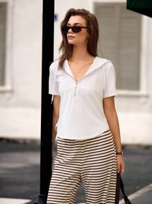 Hanevo 女式休闲不对称抽绳拉链连帽短袖提花 T 恤，夏季/秋季 - 白色 - 查看 5