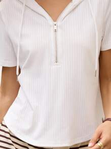 Hanevo 女式休闲不对称抽绳拉链连帽短袖提花 T 恤，夏季/秋季 - 白色 - 查看 6