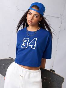 Streetz SHEIN Sport 印花宽松运动T恤和背心健身女式衬衫 - 藍色 - 查看 2