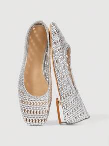 SheIn MOD 2025 New Woven Low Vamp Women's Shoes, Elegant Square Toe Flat Shoes