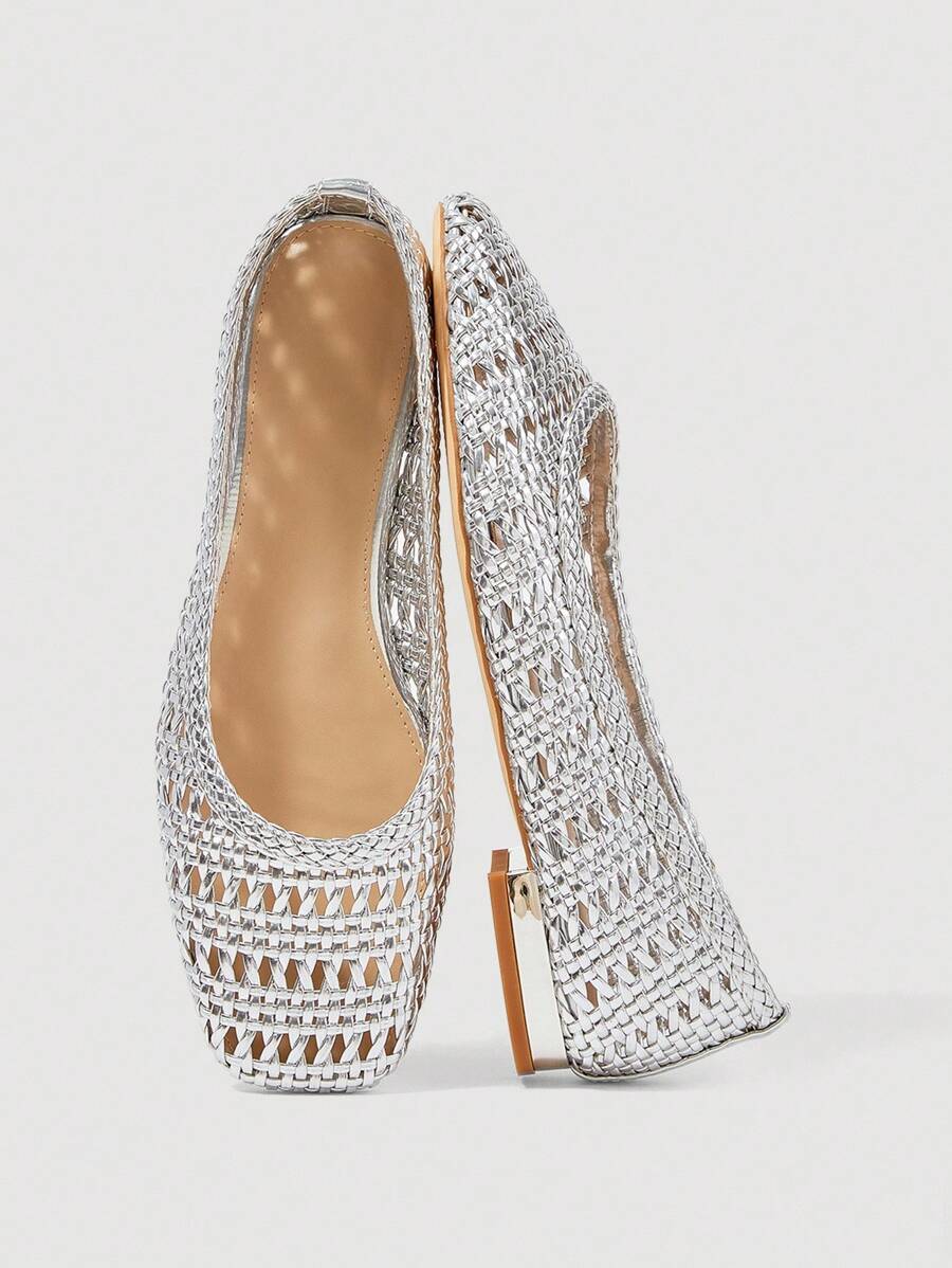 SheIn MOD 2025 New Woven Low Vamp Women's Shoes, Elegant Square Toe Flat Shoes