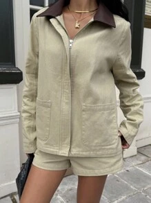 Muchica 女式卡其色拼色领子工装夹克和短裤套装 - 卡其色 - 查看 5