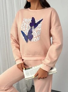 EURMUSE 2pcs Women's Spring & Autumn Letter And Butterfly Print Crew Neck Sweatshirt And Elastic Waist Pants Casual Set - Pink - View 5