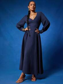 NYA SZN 连衣裙长袖深 V 领修身特殊场合端庄早午餐婚礼宾客新娘派对约会商务休闲长款秋季女士服装 - 藍色 - 查看 2