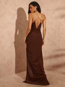 Hauture 女士性感夏日度假雪纺棕色宝石链细节裹身长裙 - 棕色 - 查看 2