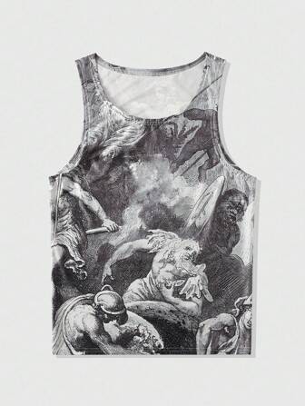 Street Life Men's Caveman Print Loose Fit Casual Sleeveless Tank Top, 2000s Style