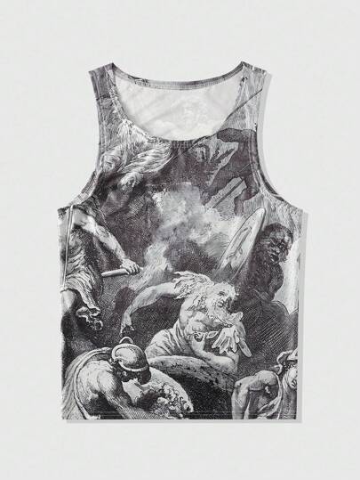 Street Life Men's Caveman Print Loose Fit Casual Sleeveless Tank Top, 2000s Style