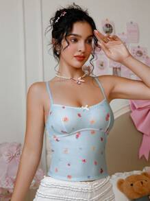 PetitDoll 女士休闲草莓印花蝴蝶结装饰吊带背心