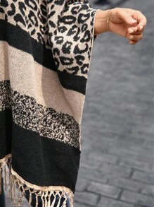 EMERY ROSE Plus Size Casual Color Block Leopard Print Tassel Hem Cardigan, Autumn/Winter Fall - Multicolor - View 6