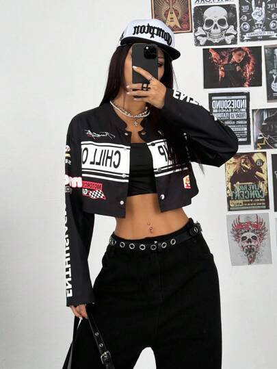 StreetHx Chaqueta corta de manga larga con estampado de letras de motocicleta, ropa urbana para mujer