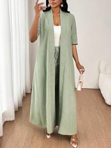 SHEIN Lady 女士优雅休闲通勤度假简约纯色长款开衫外套搭配宽松直筒裤两件套四季皆宜 - 綠色 - 查看 5