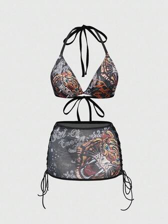 J-Fashion Set di lingerie sexy senza fili in rete con stampa tigrata in stile Y2K per donne