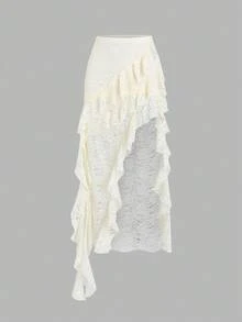 Sweetra Petite Váy ngắn xếp nếp ren chắp vá viền bất đối xứng phong cách Bohemian dành cho phụ nữ nhỏ nhắn, mùa xuân/hè - Màu be - Xem 3