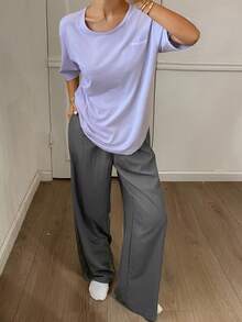 DAZY 2pcs Women Casual Loose Fit Letter Print Short Sleeve Top And Pants Set Pajama - Dusty Purple - View 1