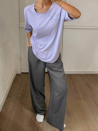 DAZY 2pcs Women Casual Loose Fit Letter Print Short Sleeve Top And Pants Set Pajama