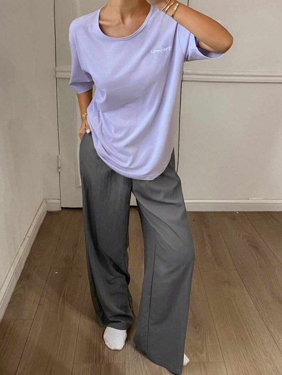 DAZY 2pcs Women Casual Loose Fit Letter Print Short Sleeve Top And Pants Set Pajama - Dusty Purple - View 1