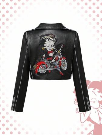 Betty Boop | ROMWE Letter Graphic Y2K Embroidered Moto Biker Colorblock PU Leather Padded Jacket For Women