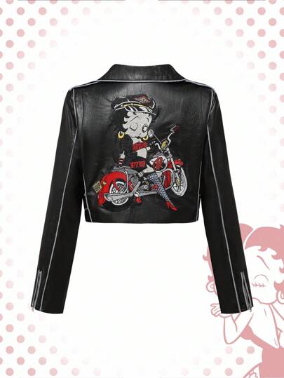 Betty Boop | ROMWE جاكيت نسائية مبطنة من جلد البولي يوريثان مزينة بطباعة حرفية وألوان متباينة على طراز دراجة نارية وبيكر من حقبة Y2K