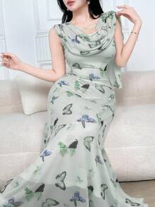 Feyla Women's Elegant Butterfly Print Dress - Green - View 6