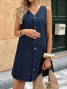 SHEIN 孕妇装 秋季 秋季 冬季 万圣节 圣诞节 国庆节 优雅街头装 生日装 夜间外出 俱乐部装 机场装 商务休闲女装 乡村复古 朴素老钱商务休闲女装 工作 V 领单排扣口袋休闲宽松无袖牛仔蓝色连衣裙 牛仔无袖纽扣前休闲连衣裙 适合所有季节 - 藍色 - 查看 8