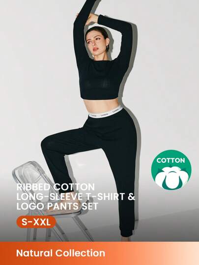 LUVLETTE Sport Style Women Black Soft Cotton Ribbed Casual Tops For Women & Pants Airy Cozy Pajama Sets For Stretchy Waist Pants With Pockets Workout Sets Lingerie As Outerwear, Fall Clothes