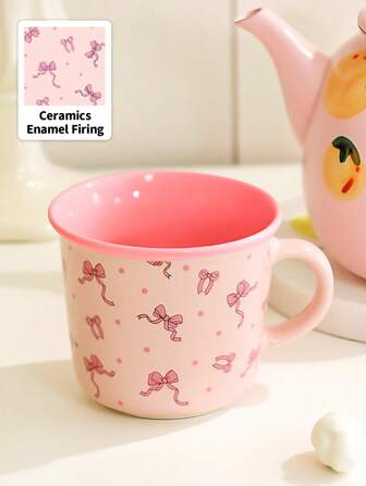 Kawaii 1pc Colored Ceramic Coffee Cup, Pink Simple Household Water Cup, Dishwasher, Microwave Compatible,Bow Pattern Cup, Kawaii Style,Suitable For Restaurant Or Home,Home Decor
