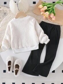 2pcs Girls Casual Everyday Outfit, Autumn/Winter, Fluffy Top With Lavender Bow Embroidery & Flare Pants Set Girls Winter Set Girls Sweater Set Bow Detail Set Girls Two Pieces Set Young Girl Clothes Fall - Black - View 2