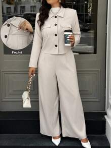 Easura Ensemble 2 pièces grande taille, veste et pantalon décontracté de couleur unie