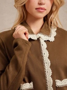 WESTFADE Faux Suede & Crochet Lace Collared Button Front Boxy Jacket Back To School Country Western Fall Vintage - Brown - View 3