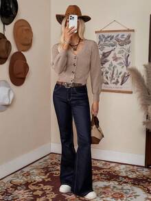 LanaWest 落肩罗纹针织开衫、长袖上衣 - 卡其色 - 查看 5