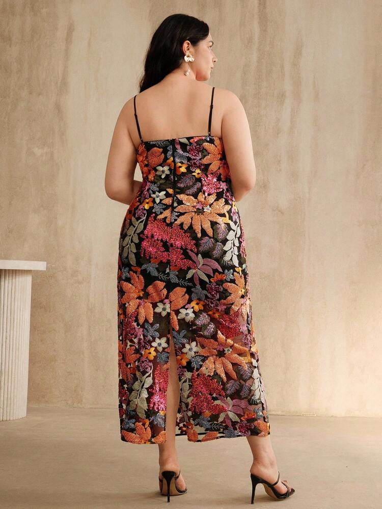 Elegant Floral Beaded Mid-Length Strap Plus Size Women Party Dress