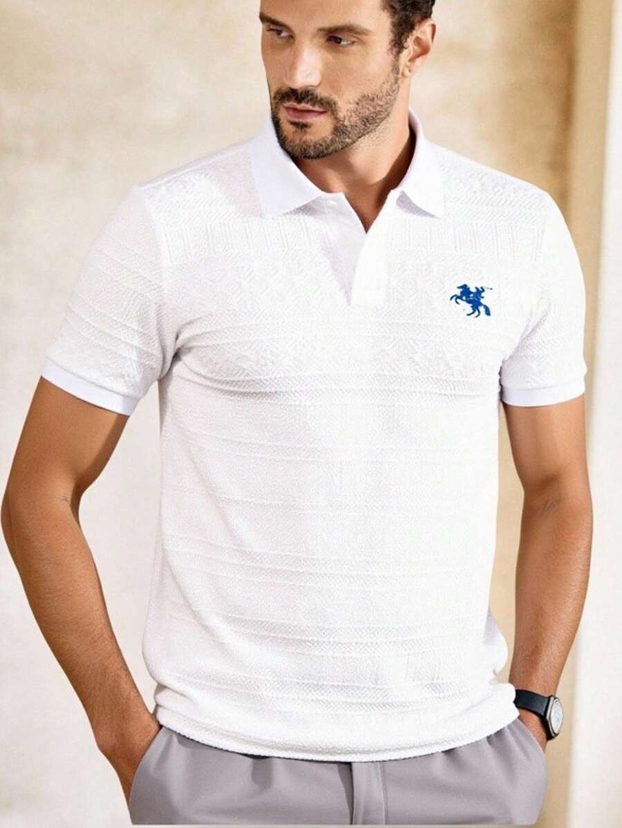 Manfinity VCAY Men's Textured Horse Embroidered Loose Dropped Shoulder Short Sleeve Polo Shirt - White - View 1