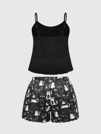 Goth Ensemble pyjama camisole et short imprimé chat gothique grande taille, tenue de détente casual