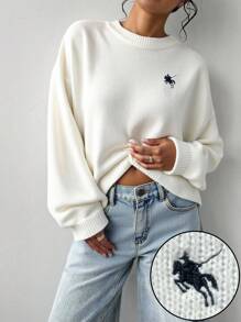SHEIN BASICS 休閒極簡學院風復古刺繡馬標誌女款毛衣，適合秋冬，校園與辦公室穿搭上衣，白色與黑色 - 彩色 - 查看 7
