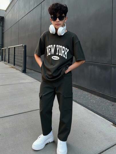 SHEIN 青少年男孩休闲刺绣运动衫和工装裤套装，舒适的学院风百搭柔软面料，适合日常穿着、上学、旅行、户外运动、所有季节