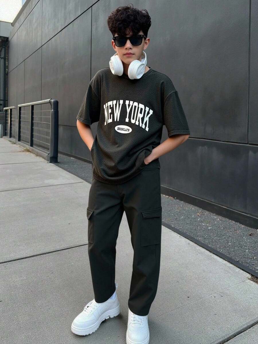 SHEIN 青少年男孩休闲刺绣运动衫和工装裤套装，舒适的学院风百搭柔软面料，适合日常穿着、上学、旅行、户外运动、所有季节 - 灰色 - 查看 1