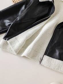 Young Girl Colorblock Thermal Lined Long Sleeve Jacket, Versatile For Autumn/Winter Fall - Black - View 12