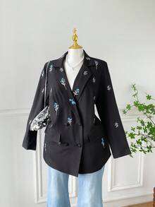 SHEIN EZwear 大码女式黑色翻领实用口袋刺绣花朵西装外套，秋冬，秋季，教师，工作，商务，办公室，学校，外出 - 黑色 - 查看 4