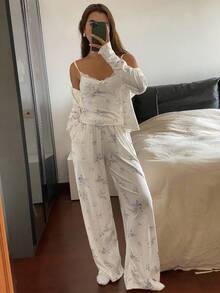 DAZY 3pcs/Set Floral Print Lace Patchwork Robe, Camisole Top & Pants Women Pajama Set, Fall Winter Clothes