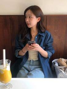 DAZY 女士分层设计独特牛仔衬衫、通勤休闲上衣、牛仔夹克、秋季女装 - 深色水洗藍 - 查看 2