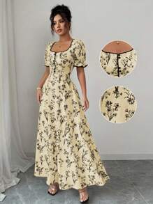 Elenzga Women's Vintage Elegant Floral Print Square Neck A-Line Maxi Dress, Suitable For Casual, Vacation, Daily Gathering, Spring/Summer