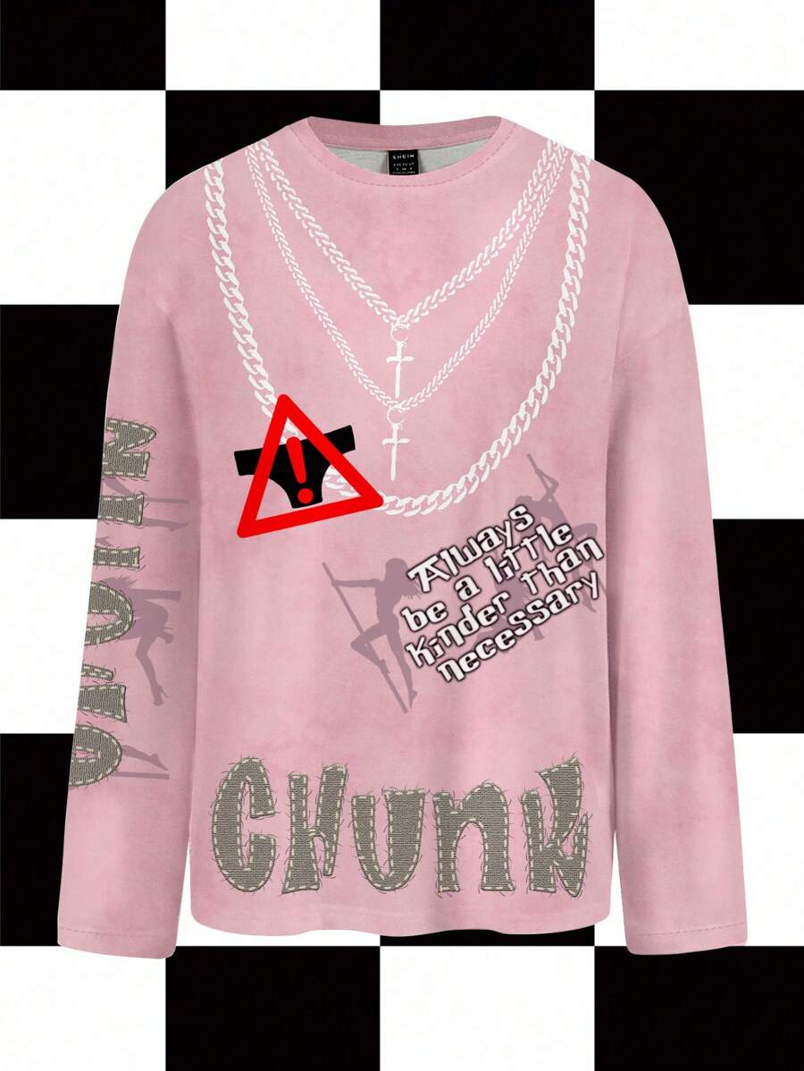 Studio Chunk 粉色、撞色、做旧、雪花效果、仿品、十字架、金属链项链、性感女郎、辣妹、深色、街头时尚、Y2K、休闲女士宽松圆领长袖 T 恤,适合秋冬季、派对、俱乐部、日常穿着图案上衣朋克上衣图案运动衫基本款上衣 - 粉色 - 查看 1