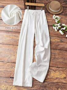 SHEIN Tall 大码女式梭织纯色口袋直筒优雅浪漫裤 - 白色 - 查看 3