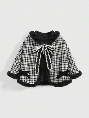 J-Fashion Women's Autumn Fashion Plaid Print Tie-Front Hooded Cape Jacket