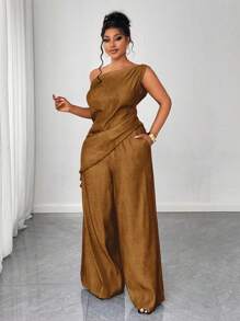 Maweii Plus Size Women's Fashion Casual Asymmetric Shoulder Top & Loose Pants 2 Pieces Set - Coffee Brown - View 4
