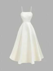 SHEIN MOD 杏色缎面蝴蝶结后背中长连衣裙 - 杏色 - 查看 3