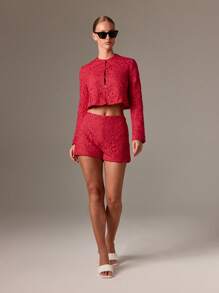 AiiRZ Crochet Lace Co Ord Set Floral Pattern Buttoned Crop Top High Waist Shorts Festival Summer Beach Party Occasion Two Piece Outfit - Red - View 4