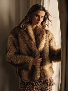 MOTF PREMIUM Cappotto oversize con collo scialle in pelliccia sintetica, spalle a caduta, autunno inverno - Caffè Marrone - Visualizzare 6