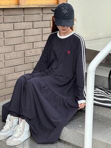 DAZY 少女 A 字连衣裙，宽松休闲小图案刺绣撞色丝带，秋季 - 藏蓝色 - 查看 7